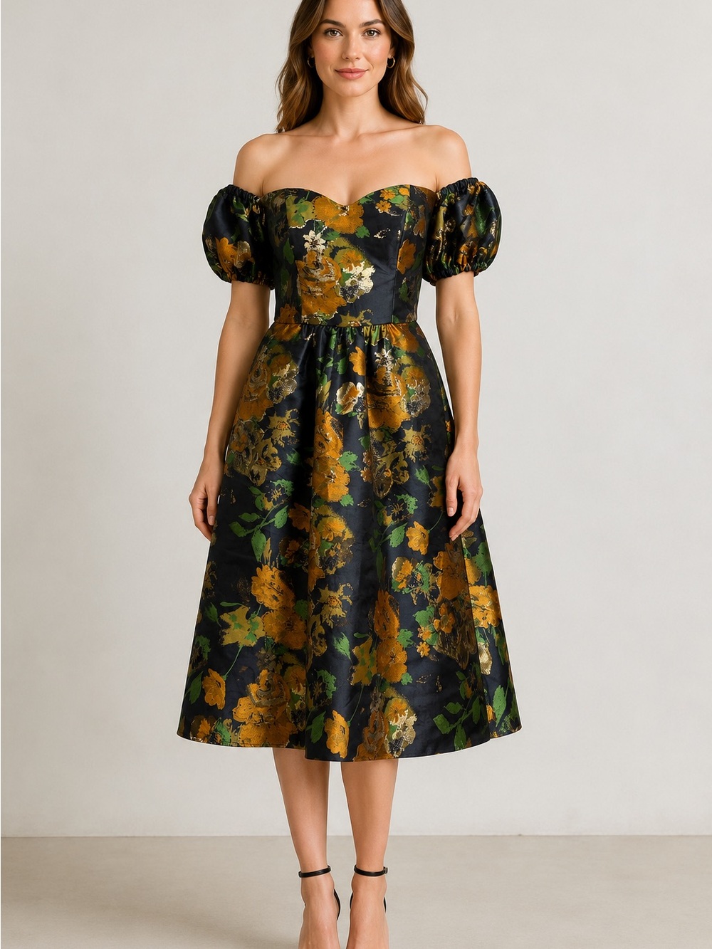 DB Studio Size 6 Metallic Floral Brocade Off Shoulder Midi Dress